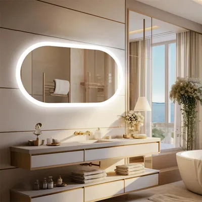Immagine prodotto di Specchio da bagno a LED con illuminazione - Specchio a parete ovale senza cornice - Retroilluminato, con dimmer - Sensore touch - Funzione antiappannamento - 100x50 cm