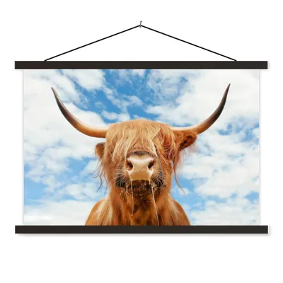Produktbild von MuchoWow® Textilposter Schottischer Highlander - Kuhkopf - Hörner 150x100 cm mit schwarzem Rahmen - Schlafzimmer
