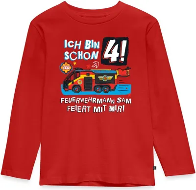 Produktbild von Spreadshirt Feuerwehrmann Sam Geburtstagsdesign 4 Jahre Kinder Premium Langarmshirt, 110/116 (4 Jahre), Rot