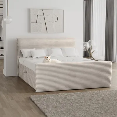 Produktbild von Kaiser Möbel Boxspringbett mit bettkasten und topper 200x200 TRENTO stoff Plüsch Cord Ecru H3-Bonell