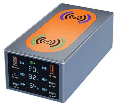 Produktbild von HHW-A10 220W 8-in-1 USB-C Ladegerät mit LED-Display, 2× USB-A, 4× USB-C, 2× Wireless Charging, PD & QC3.0, EU-Stecker