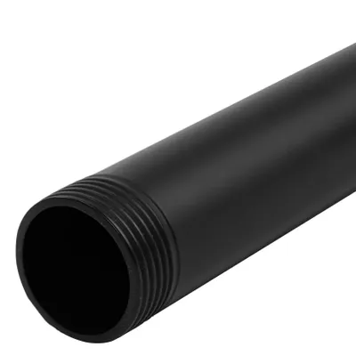 A close-up shot of a black metal pipe with threading on one end, set against a white background.