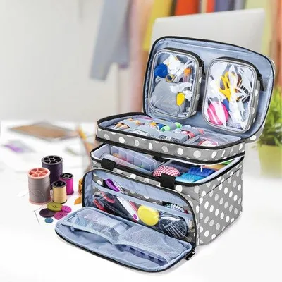 Produktbild von Famanu Nähset Organizer Tasche - große Fächer, graue Punkte