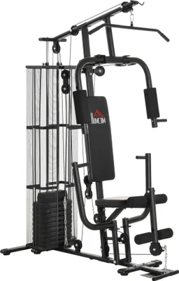 Produktbild von HOMCOM Gym Kraftstation mit Stahlnetz Fitnessstation Multigym Fitnesscenter Fitnessgerät inkl. 45 kg Gewichten Latzug Beincurl Metall Kunstleder 150 x