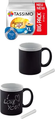 Produktbild von Tassimo Morning mild und sanft 21 Kaffee Kapseln im Big Pack, 163.8 g plus 2 Gläser mit Henkel mit Kreide beschriftbar 300ml…