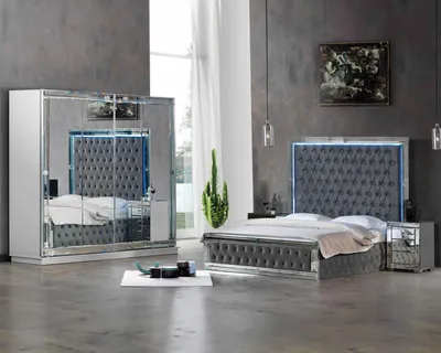 Produktbild von Grauer Schlafzimmer Glasschrank Spiegeltüren Moderner Kleiderschrank