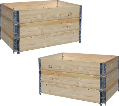 Two wooden raised garden bed frames are shown against a white background.