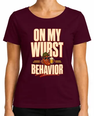 Immagine prodotto di Maglietta da donna in stile tradizionale bavarese per l'Oktoberfest, con scritta "On My Wurst Behavior", in pelle, colore bordeaux, taglia 3XL