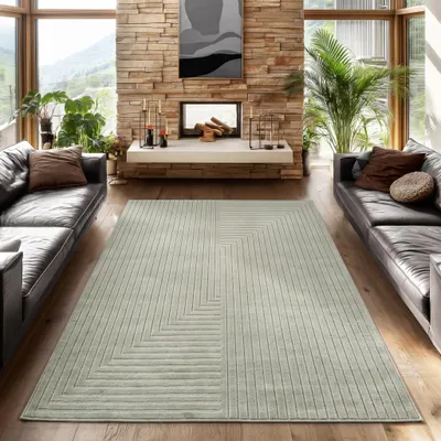 Produktbild von SIMPEX Kurzflor Teppich 240x340 cm XL Grün Wohnzimmer, Schlafzimmer, Küche, 3D Hoch-Tief-Effekt, Skandinavisch Boho Motiv, für Outdoor Bereich geeignet Terrassen oder im Balkon, KI-generiertes Bild