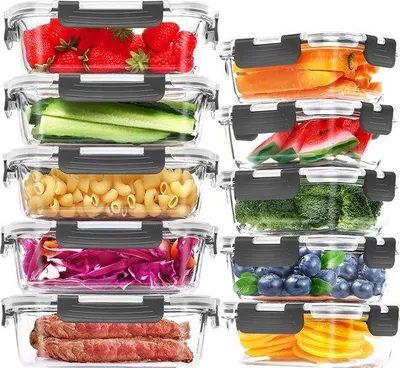 Image de Lot de 10 récipients alimentaires en verre - Récipients alimentaires en verre Skroam (10 couvercles et 10 récipients) : récipients de cuisine hermétiques sans BPA, adaptés au micro-ondes et au congélateur