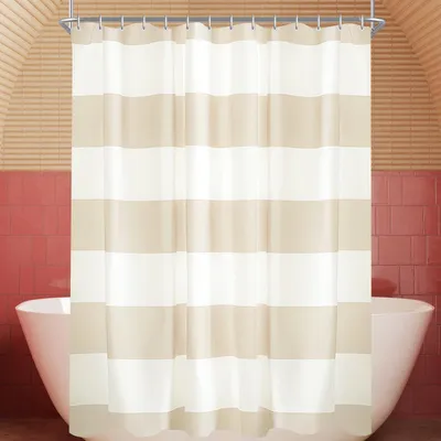 Image de Rideau de douche Beige Rayures 240x180cm Textile Hydrofuge 12 anneaux