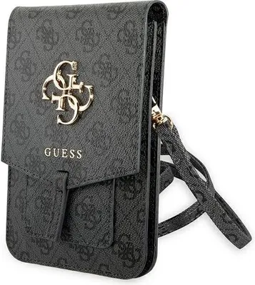 A close-up studio shot of a gray Guess handbag with a gold logo.