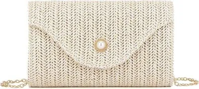 Productafbeelding van Clutch voor dames - kleine tas van synthetisch stro - met pareldetails - perfect voor zomerbruiloft - ShopVlot