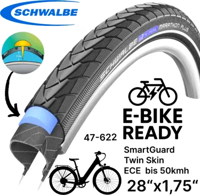 Produktbild von Schwalbe Marathon Plus 28"x 1,75" City Ebike Tour SmartGuard 47-622 Pannenschutz Reifen