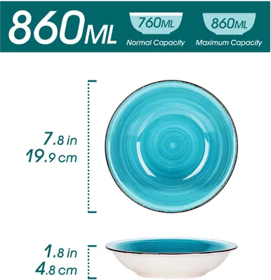 Obrázek produktu pro vancasso Bella kameninový talíř na polévku, 4 kusy hlubokých talířů na salát, těstoviny, objem 710 ml, tyrkysová barva