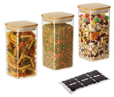 Produktbild von Relaxdays Vorratsgläser mit Bambusdeckel, 3er Set, eckige Vorratsdosen aus Glas, 1500 ml, luftdicht, transparent/natur