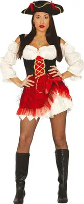 A woman wearing a pirate costume.