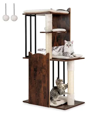 Produktbild von Katzenbaum aus Holz und Metall, 112 cm, mit Kratzsäulen, 4 Plattformen, Bällen und abnehmbaren Kissen, Kletterbaum für Katzen, Aktivitätsbaum, Vintagebraun