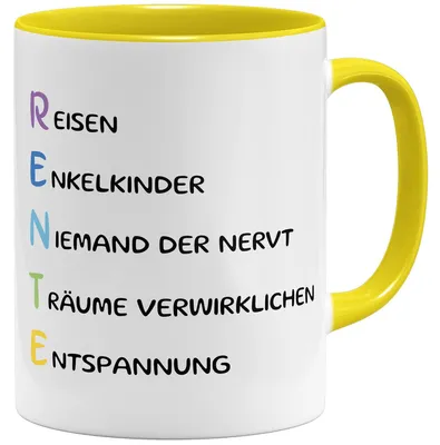 Pensionstasse mit Spruch, Keramikbecher, 325 ml, gelb