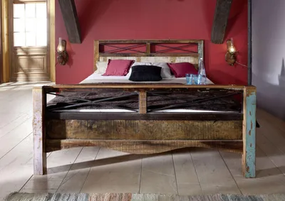 Immagine prodotto di MASSIVMOEBEL24 | Letto in legno riciclato 140x200x100 laccato multicolore NATURE OF SPIRIT #45