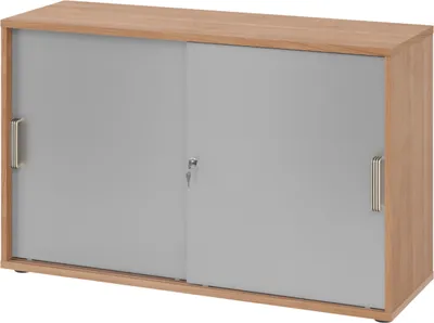 Produktbild von bümö Schiebetürenschrank office - 2 Ordnerhöhen - Griff: Streifengriff (Kunststoff), Nachbildung: Nussbaum/Silber