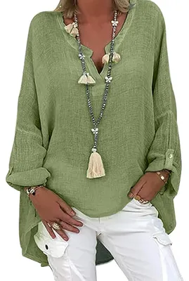 Produktbild von Tincini Leinenbluse Damen Musselin Bluse Sommer Blusen Tuniken für Damen Longbluse Hemdbluse Oversize Tunika V-Ausschnitt Große Größen Leinenhemd Leinen Oberteile Shirt (B Green, L)