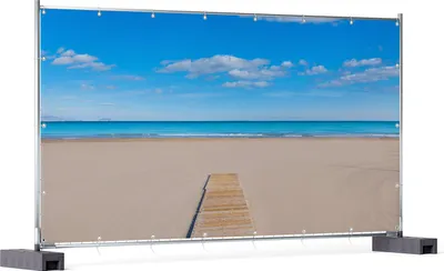 Produktbild von Wallario XXL Outdoor-Poster für Garten oder Balkon, Motiv Auf dem Holzweg zum blauen Meer, in ca. 340 x 173 cm