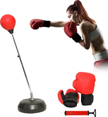 A woman is shown boxing with a punching bag, with boxing gloves and a pump also visible.