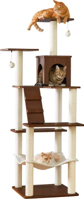Imagen del producto de Árbol para gatos grande, con una altura de 178 cm, diseño moderno, casa para gatos de varios niveles con una gran cueva, 7 postes para rascar, 2 hamacas, una hamaca colgante y 2 pelotas de felpa, color marrón vintage