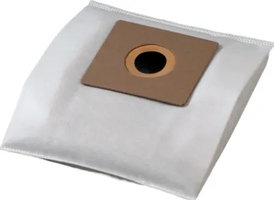A white vacuum cleaner bag with a brown cardboard attachment and a black opening.