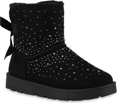 A black winter boot with silver embellishments and a bow detail.