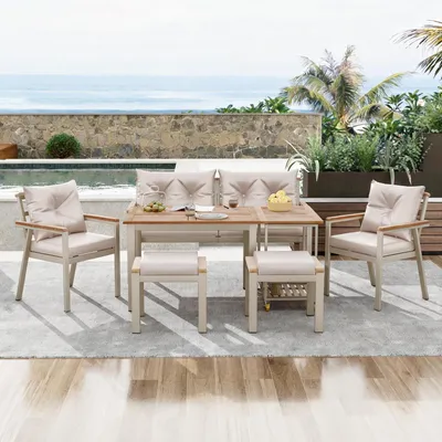 Image de Ensemble salon de jardin Fliek Ensemble de meubles de jardin pour 6 personnes, meubles de balcon avec chariot de service, ensemble de meubles de terrasse avec coussins, canapé de jardin, table de jardin, beige