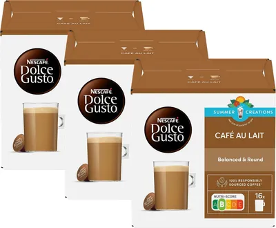 Three boxes of Nescafé Dolce Gusto Café au Lait coffee pods are displayed.