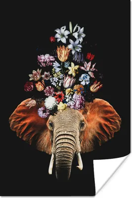 Produktbild von MuchoWow® Poster Elefant - Blumen - Schwarz 120x180 cm - Kunstposter