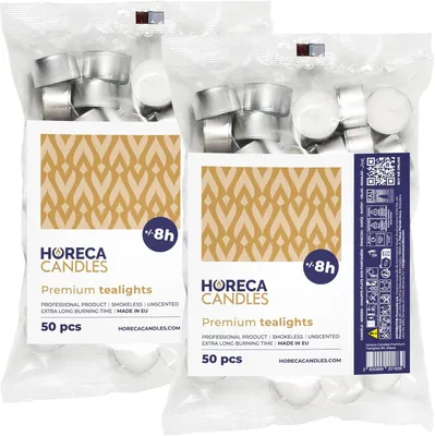 Produktbild von Horeca Candles 100 Teelichter Weiß 8h Brenndauer – Duftfrei – Paraffinwachs – Für Hochzeit, Deko, Feiern, Entspannen