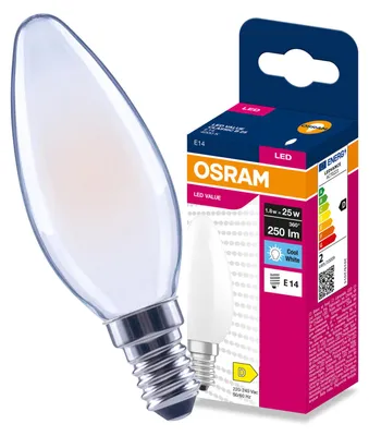Produktbild von LED-Lampe E14, "Świeczka" B35, 1,8W = 25W, 250lm, 4000K (neutralweiß), 300°, Filament, VALUE, Osram, KI-generiertes Bild