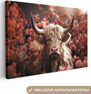 Produktbild von MuchoWow® - Leinwandbilder - Schottische Highlander - Tier - Natur - Blumen - Botanisch, Wandbild, Wanddeko Bilder Wohnzimmer, 60x40 cm