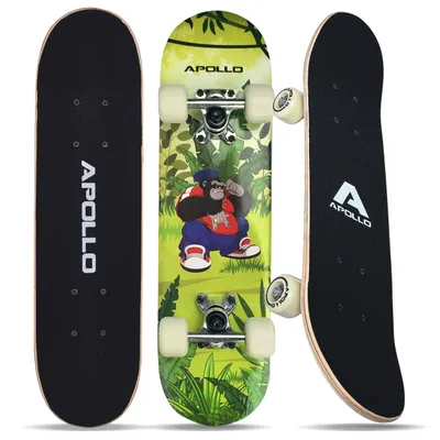 Produktbild von Apollo Kinder Skateboard, | kleines Komplett Board mit ABEC 3 Kugellagern und Aluminium Achsen | Coole Designs für Kinder | Cruiser Boards für Mädchen und Jungs | Kinder Skateboard ab 3 Jahre - "Gorilla Tom" 61cm
