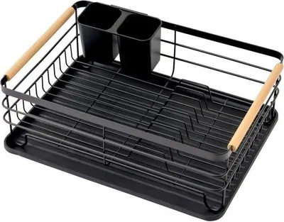 Image de Unyqoos® Étagère à vaisselle 14 x 42 x 30 cm – Étagère à vaisselle compacte, en acier noir mat avec revêtement en plastique, avec poignées latérales en bois, et comprenant un support à couverts amovible et un bac de égouttage