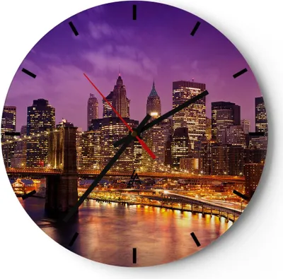 Produktbild von Wanduhr - Rund - Glasuhr - New york nacht brooklyn brücke - 40x40cm - Schleichendes Uhrwerk - Lautlos - zum Aufhängen bereit - Dekoration Modern - Wanddekoration aus Glas - C3AR40x40-2660