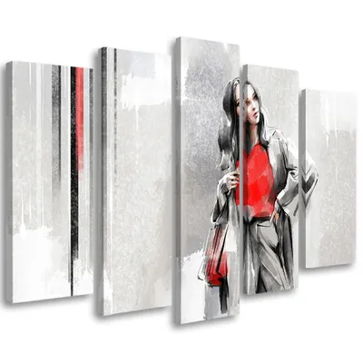 Produktbild von 5-teiliges leinwandbild frau im mantel 100x70 cm Feeby beige wandbild bereit zum aufhängen