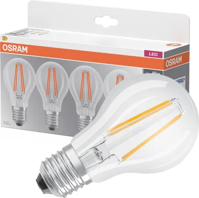 A pack of Osram LED filament light bulbs with one bulb in the foreground.
