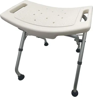 A white shower stool with adjustable legs against a white background.