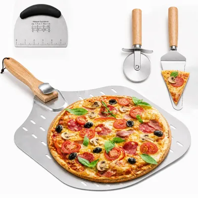 Pizzaschaufel-Set 4-tlg., perforiert, 30 cm, Holzgriff klappbar