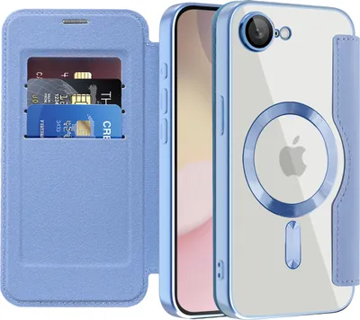 A light blue flip case for an iPhone, showing the inside with card slots and the back of the phone with a clear case and MagSafe ring.