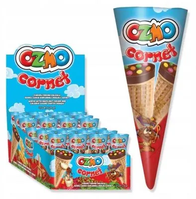 Productafbeelding van Tim Ozmo Wafelkegel met hazelnootcrème en chocoladebolletjes, 24 stuks van 25 gram