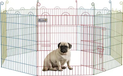 Image de Parc pour chiens/enclos pour chiots - 8 panneaux - Ø 156 cm x 60 cm - Pliable - Fer - Porte et piquets - Intérieur/extérieur - Rouge