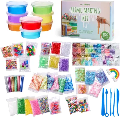 Zdjęcie produktu dla Zestaw akcesoriów do robienia slime dla dzieci - 100 elementów - koraliki, brokat, kulki piankowe i inne