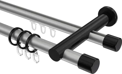 Produktbild von Interdeco Rundrohr-Innenlaufstange / Gardinenstange (Kombination) Silbergrau / Schwarz, Typ Platon Santo (Kappe), 20 mm Ø 2-läufig, 480 cm