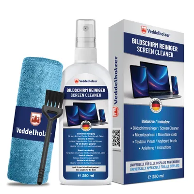 Produktbild von Veddelholzer 250 ml Bildschirmreiniger Set – Displayreiniger mit Mikrofasertuch & Tastaturpinsel – Für Laptop, Monitor, TV, Smartphone, Auto Display